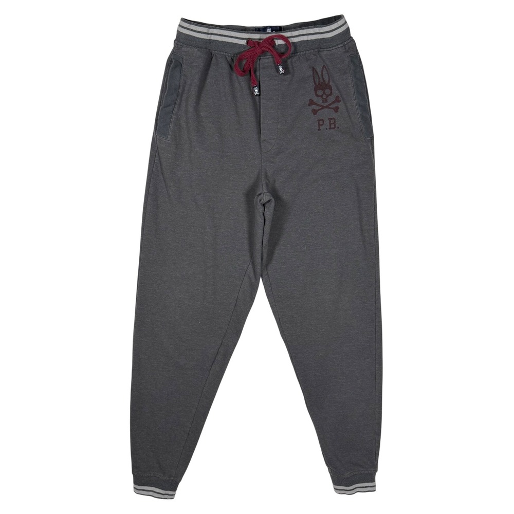PSYCHO BUNNY Men's Jogger Sweatpants Small Gray Burgundy Logo Drawstring